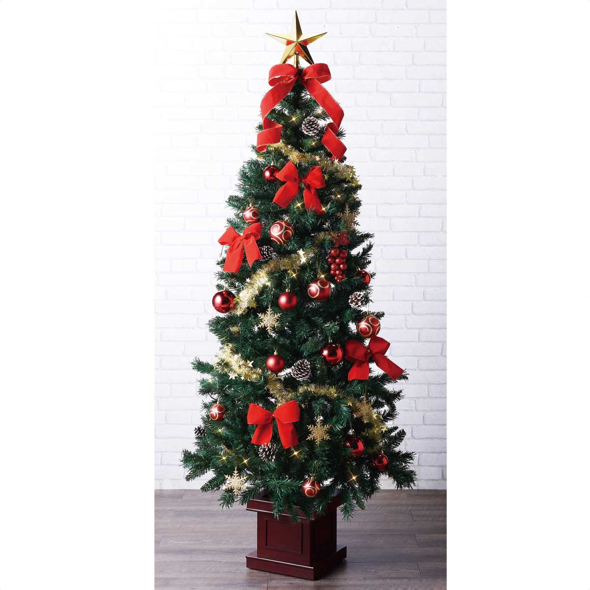 スクエアベースツリーセットスリム レッド Led付クリスマスツリー ディスプレイ 飾り オーナメント 木製ポット 通販 ストア エキスプレス