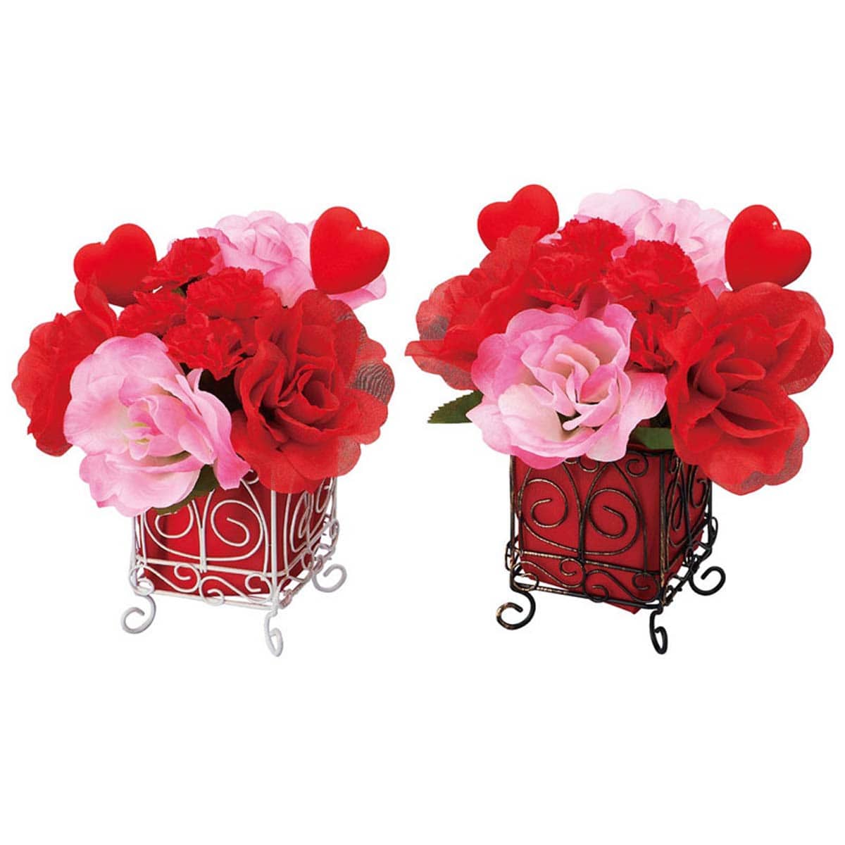 2個 ローズハートバレンタインキューブポット(造花)高さ21cm
