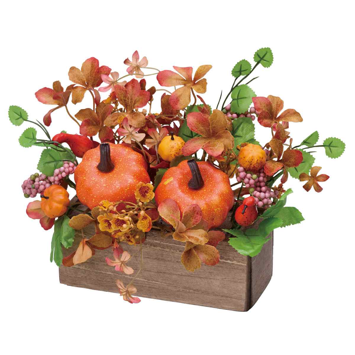 ウッドプランターパンプキンアレンジ幅27×高さ18cm(造花)