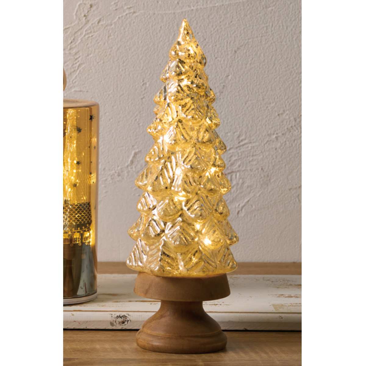 LEDウッドガラスクリスマスツリースタンドライト27cm