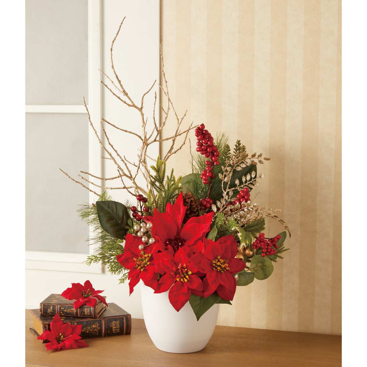 クラシカルポインセチア造花アレンジ高さ72cm［ストエキオリジナル］