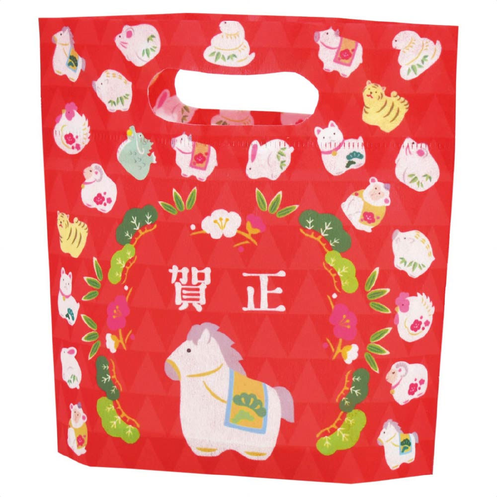 【20枚】不織布小判抜きギフトバッグ 干支ウマ柄