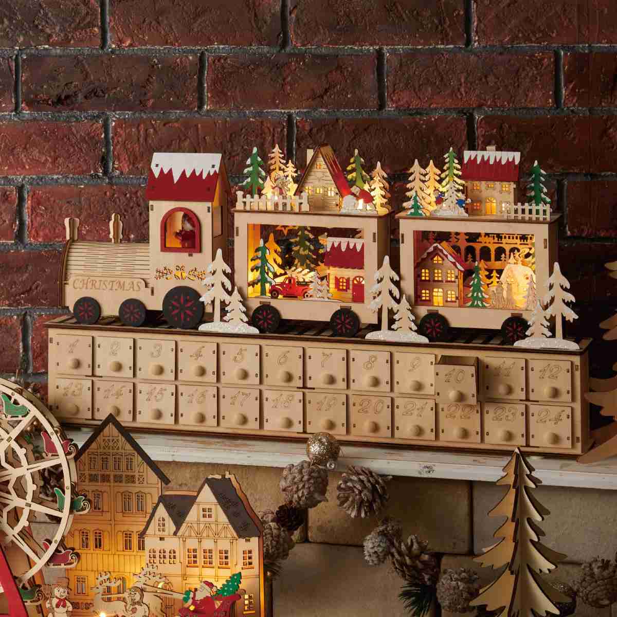 LED木製アドベントカレンダー トレイン 幅60cm