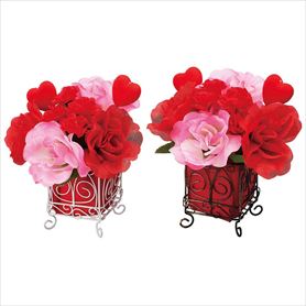 2個 ローズハートバレンタインキューブポット(造花)高さ21cm