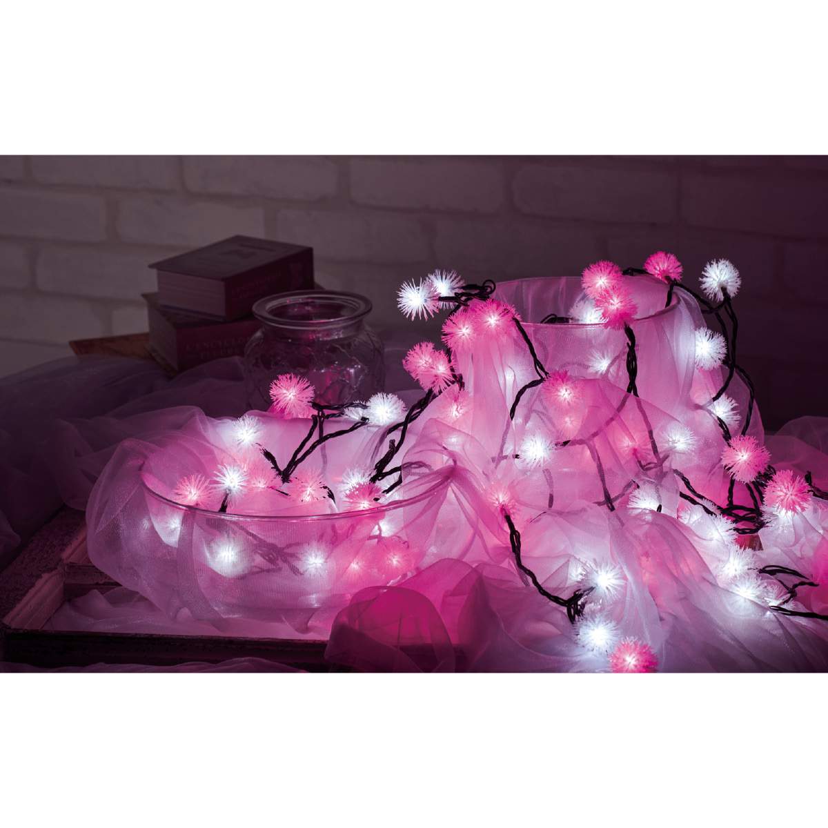 LED100球ケサランパサランストレートライト ピンク／ホワイト 屋外使用可