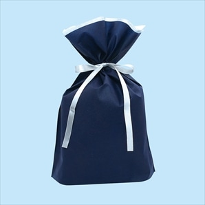 【10枚】不織布リボン付きギフトバッグ ネイビー 巾着 底マチ付き 