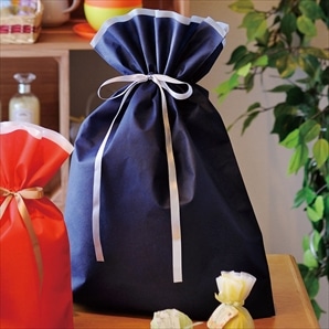 【10枚】不織布リボン付きギフトバッグ ネイビー 巾着 底マチ付き