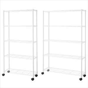 軽量用ワイヤーラック 奥行35cm キャスター付き ホワイト 高さ187cm 5段〔ストエキオリジナル〕