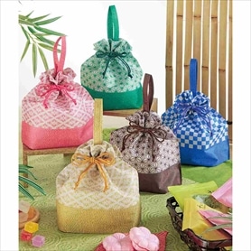 手提げ巾着バッグ 和柄 麻の葉柄 ブラウン