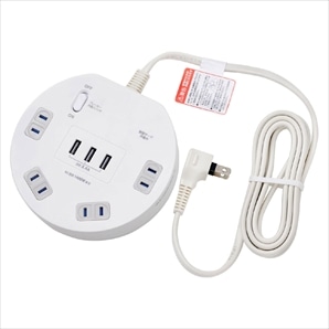 丸形集中スイッチ付タップ(耐雷丸形4P2m USBタップ)